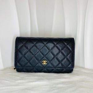 CHANEL Wallet on Chain WOC Black Quilted Caviar Gold Hardware